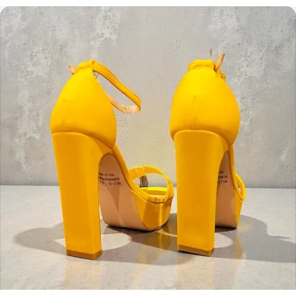 Mustard Platform High Heels With Ankle Strap Open Toe Design Faux Leather Finish - Picture 5 of 9